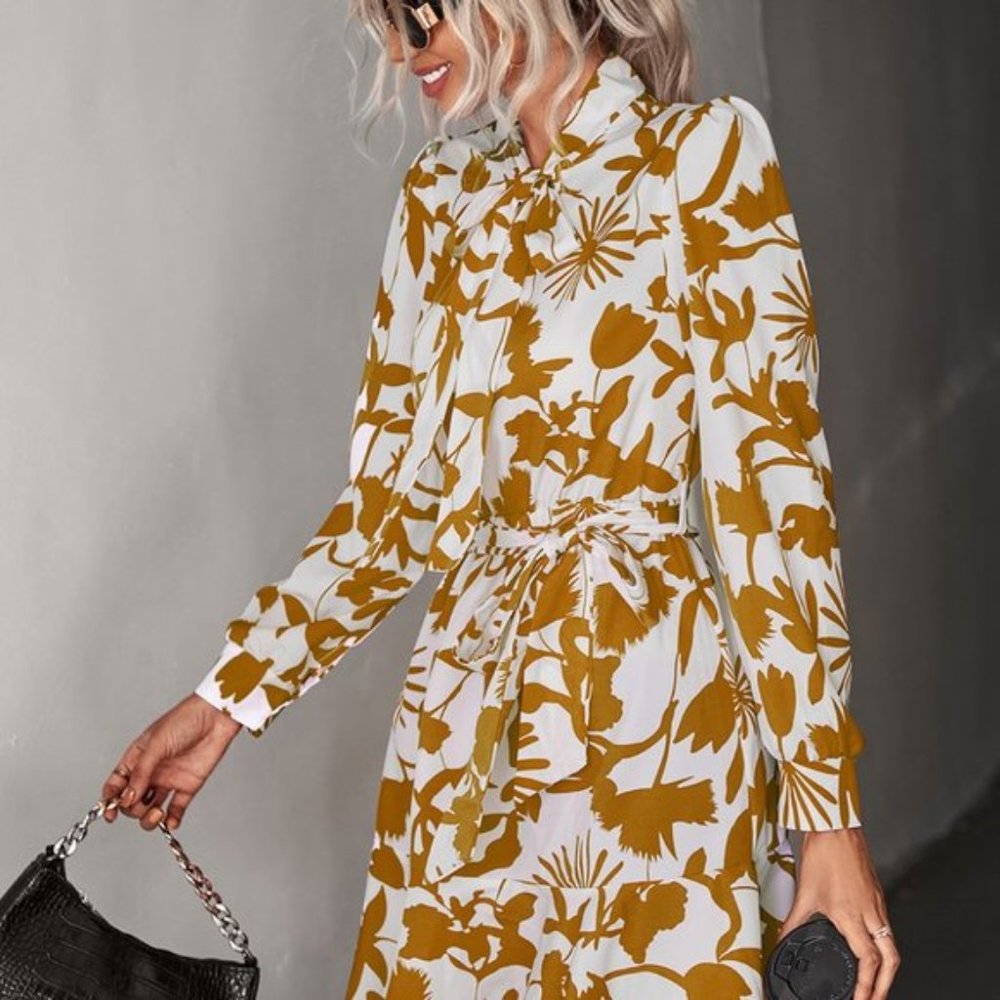 Floral Tie Neck Belted Puff Sleeve Dress
